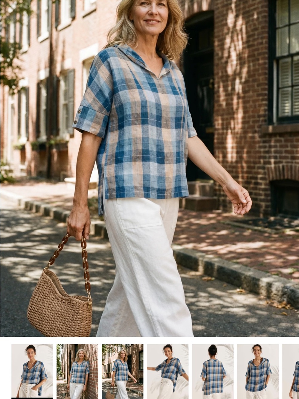 Blue and Cream Plaid Button-Down Top - Picture 3 of 7